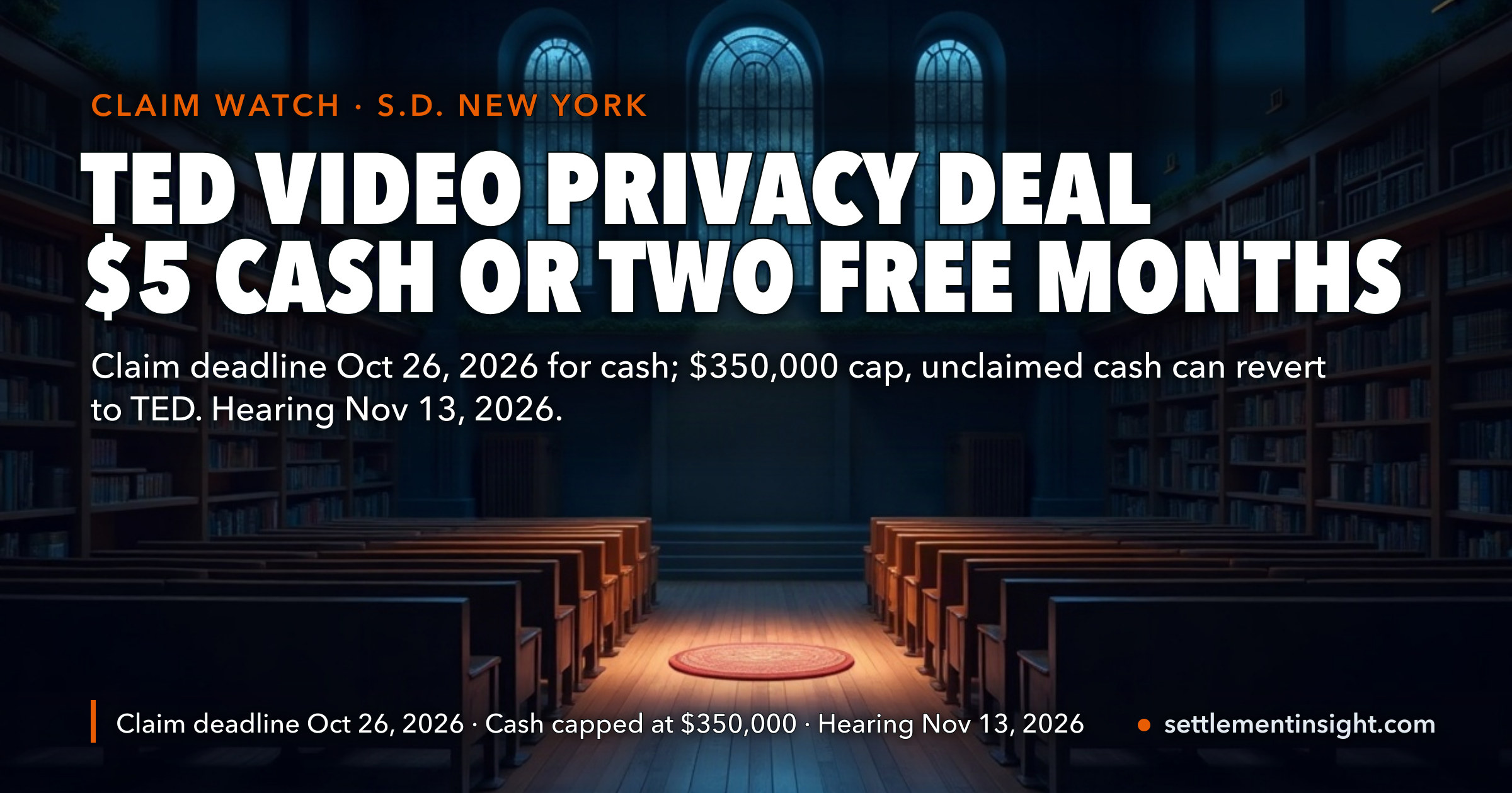 TED Foundation VPPA Settlement: Do Nothing and You Get Two Free Months of TED Membership. Cash Takes a Claim by October 26, 2026 — Then It’s $5 at Most, From a $350,000 Pot Whose Leftovers Can Go Back to TED. — key figures at a glance