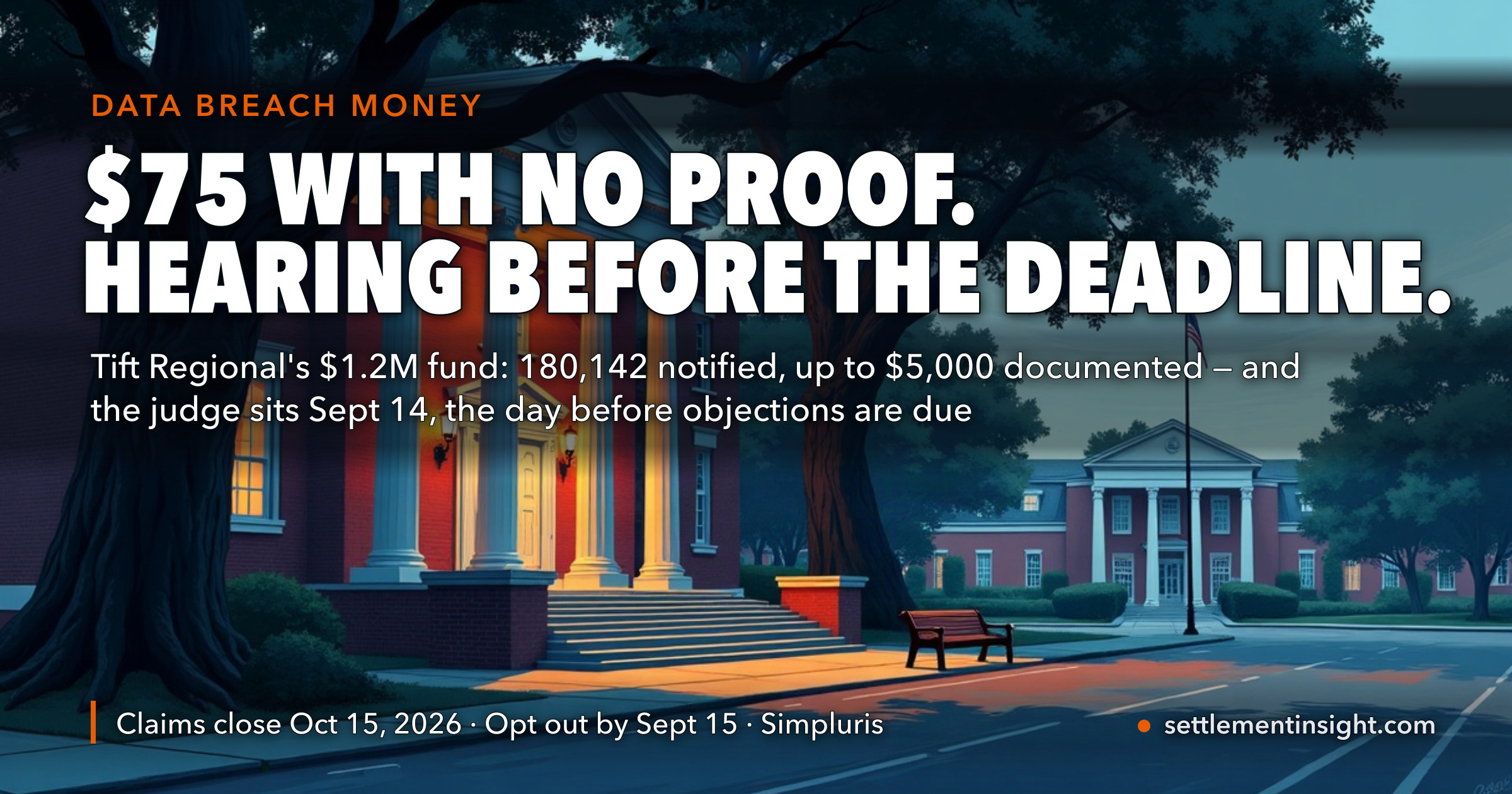 Tift Regional Health System's $1.2 Million Breach Settlement Pays $75 Without Proof or Up to $5,000 With It — and the Judge Hears the Case on September 14, the Day Before Objections Are Due. — key figures at a glance