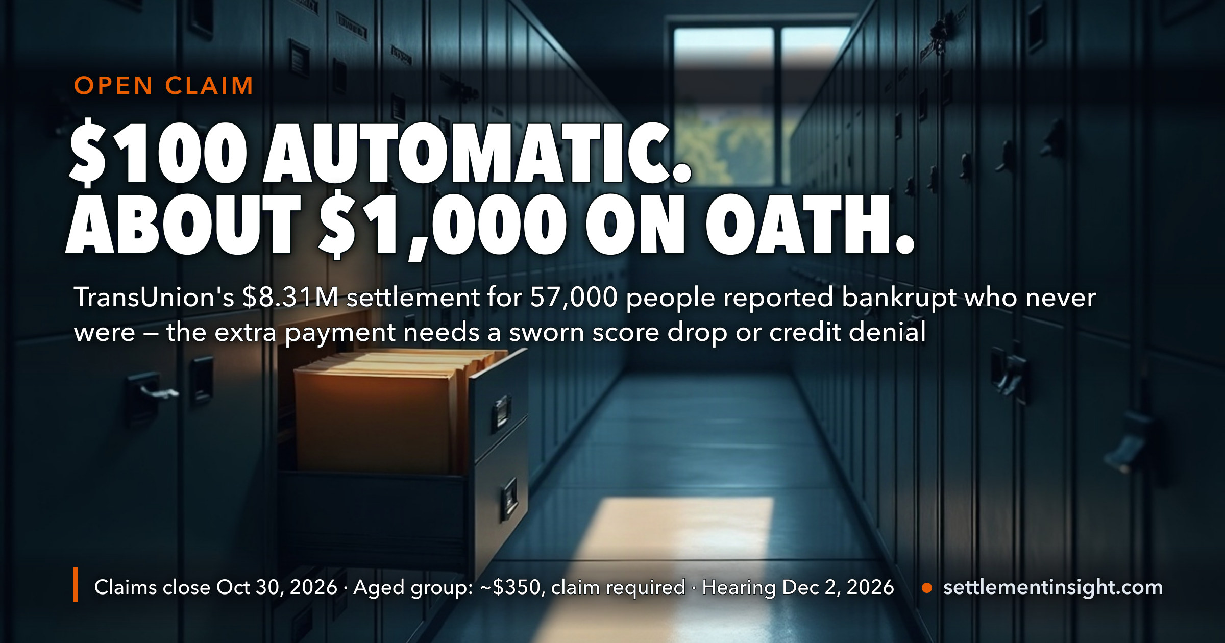 TransUnion Will Pay $100 Automatically to About 21,000 People It Reported as Bankrupt Who Never Were — and Roughly $1,000 More to Those Who Swear It Cost Them. Claims Close October 30. — key figures at a glance