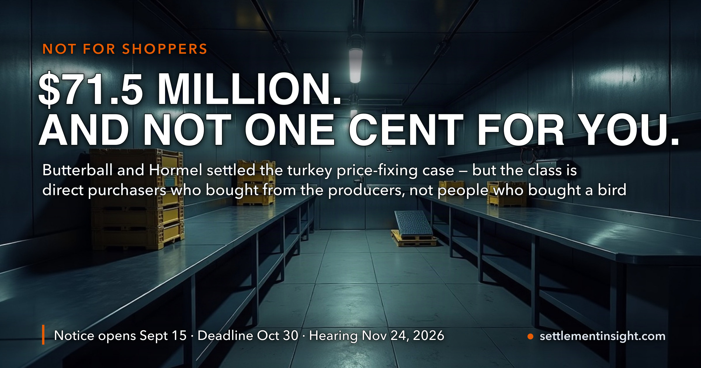 Butterball and Hormel Just Put $71.5 Million on the Table to End the Turkey Price-Fixing Case, and the Trial Set for October Is Off. Before You Look for a Claim Form: If You Bought Your Turkey at a Grocery Store, You Are Not in This Class and You Will Not Get a Cent. — key figures at a glance