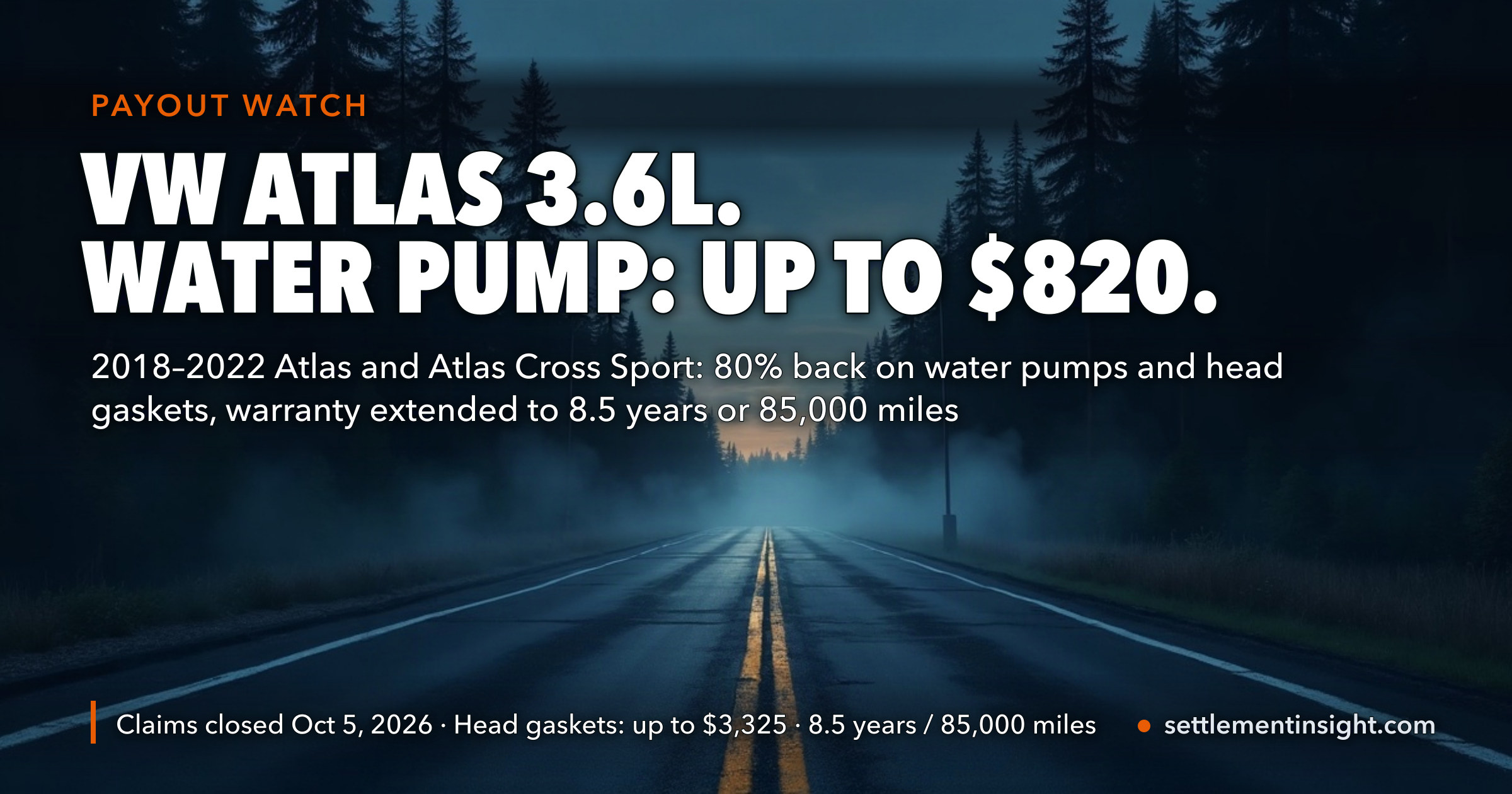 VW Atlas Water Pump Settlement: Claims Closed October 5, and the Warranty Extension Runs to 85,000 Miles — key figures at a glance