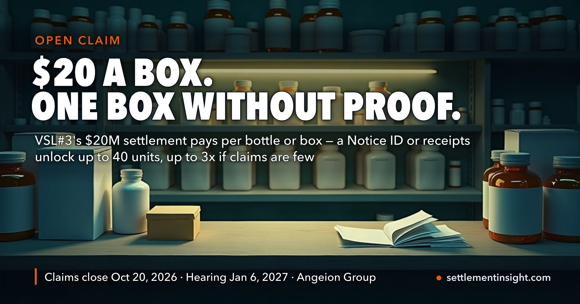 The $20 Million VSL#3 Settlement Pays $20 a Box. Without a Receipt or a Notice ID, That Is One Box per Household — and the Same Court Barred the Same-Formula Claim Back in 2019. — key figures at a glance