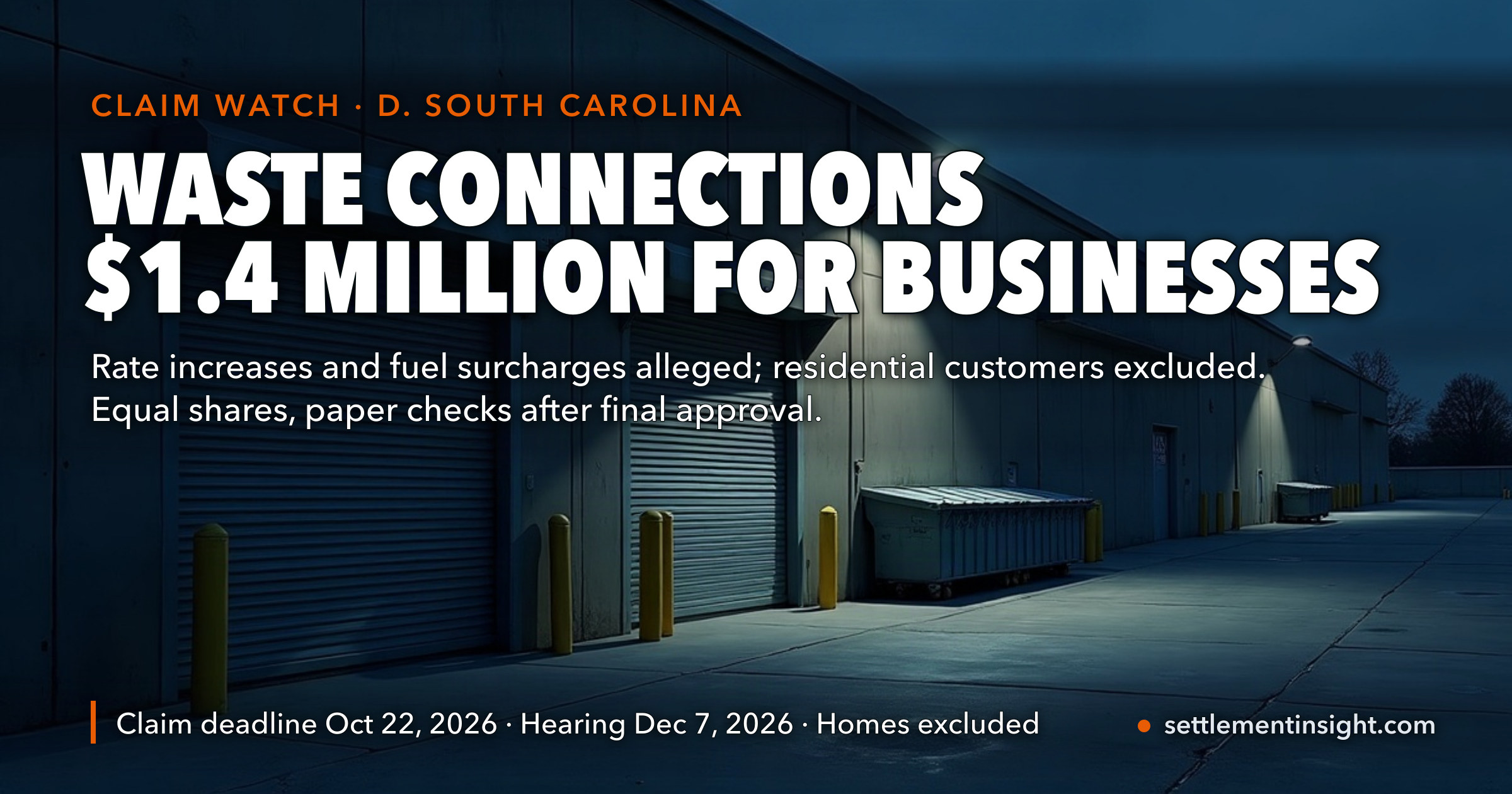 Waste Connections Settlement: $1.4 Million for Business Trash Customers Over Rate Hikes and Fuel Surcharges — Claims Due October 22, 2026, and Households Are Shut Out — key figures at a glance