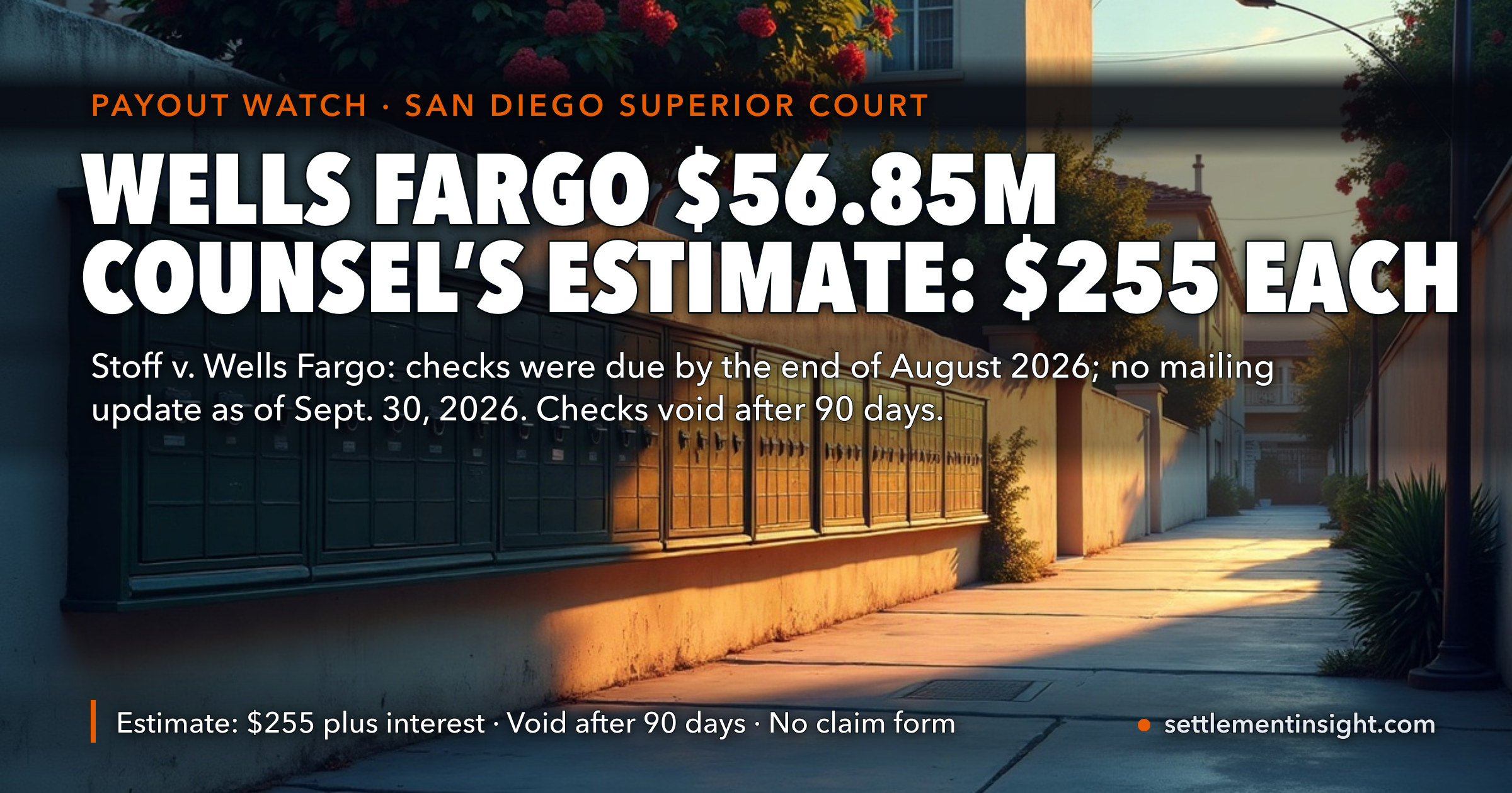 The Court File Has the Number the Settlement Site Never Posted: Wells Fargo's $56.85 Million CARES Act Checks Were Estimated by Class Counsel at About $255 Each — Not the $100–$150 Trackers, Including Ours, Guessed. As of September 30, the Administrator Still Has Not Said the Checks Went Out. — key figures at a glance
