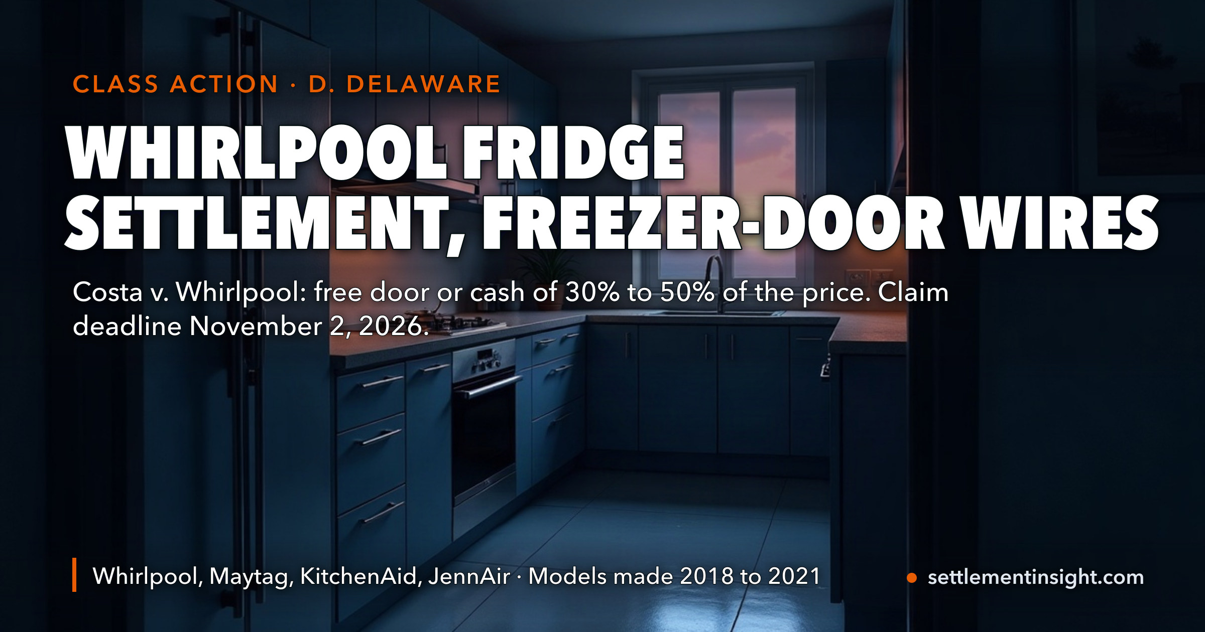 Whirlpool Refrigerator Settlement: Claims Due November 2, 2026 for Broken Freezer-Door Wires — Free Door or Up to 50% of the Price Back — key figures at a glance