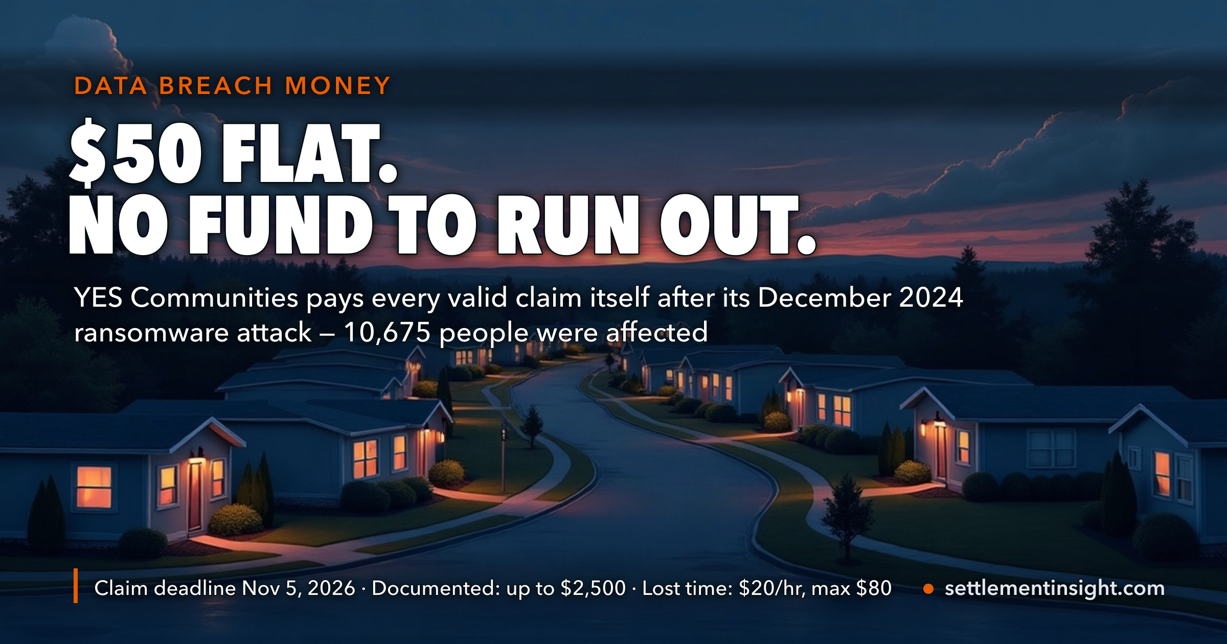 YES Communities' Ransomware Settlement Pays a Flat $50 With No Proof — and Unlike Most Breach Deals There Is No Fund to Run Out, Because the Company Pays Every Valid Claim Separately; 10,675 People, Claims Close November 5 — key figures at a glance