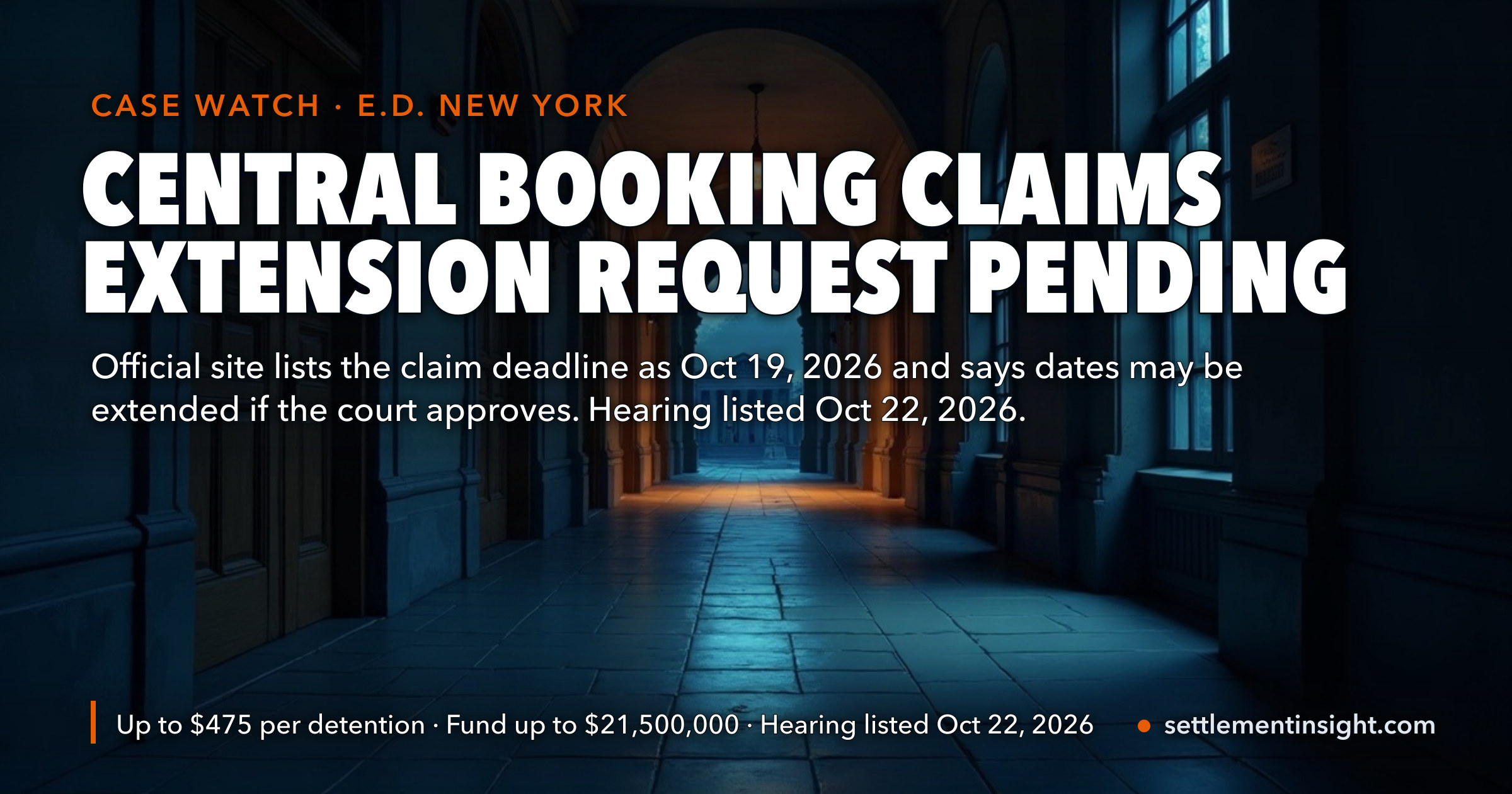 The New York City Central Booking Settlement’s October 19 Claim Deadline Has Passed — but the Official Site Now Says the Parties Asked the Court to Extend It, and No Ruling Is Posted — key figures at a glance
