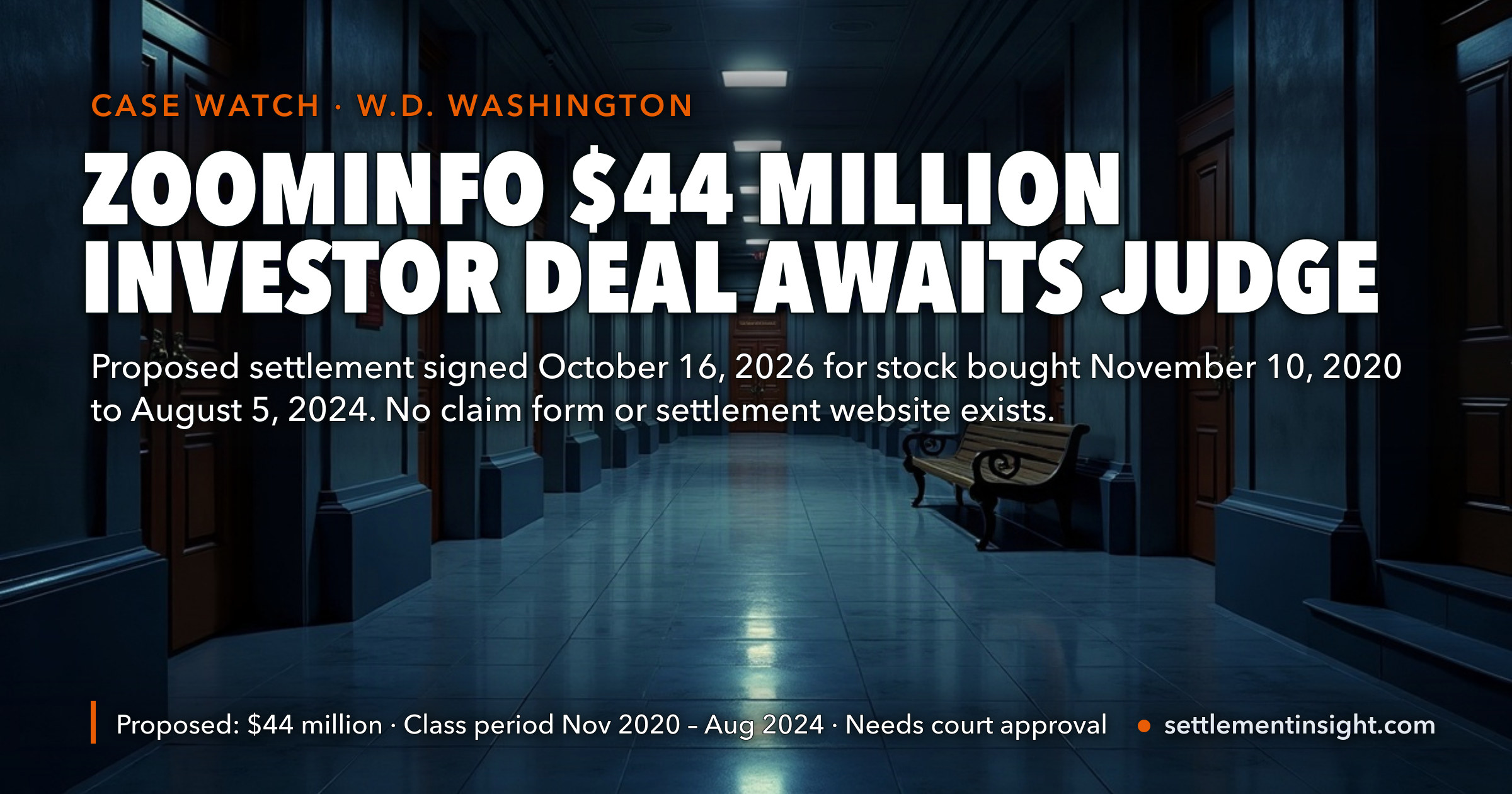 ZoomInfo Agreed on October 16, 2026 to Pay $44 Million to End the 2024 Investor Class Action — but There Is No Claim Form, No Settlement Website and No Court Approval Yet — key figures at a glance