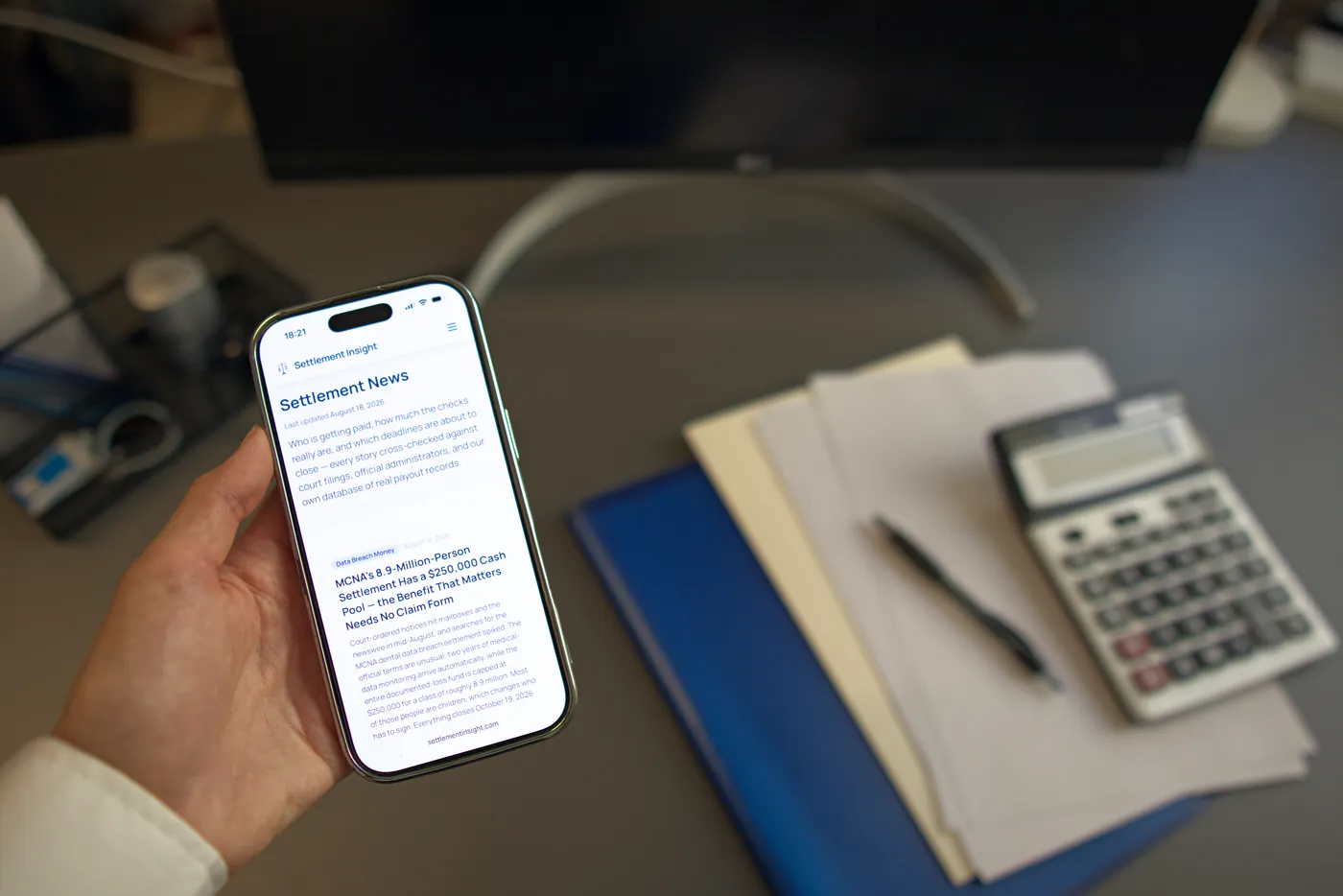 A phone showing the Settlement Insight news page