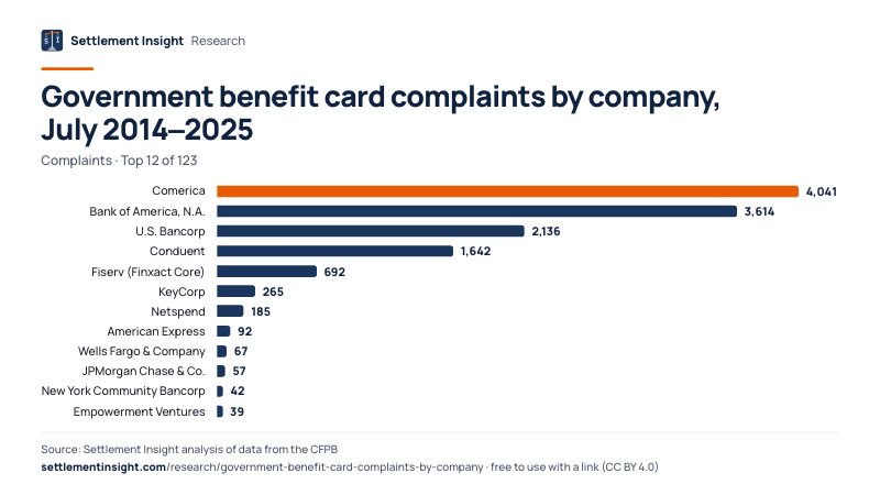 Bar chart: Government benefit card complaints by company, July 2014–2025 (Complaints). Comerica: 4,041; Bank of America, N.A.: 3,614; U.S. Bancorp: 2,136. Source: Settlement Insight.