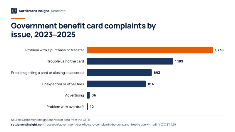 Bar chart: Government benefit card complaints by issue, 2023–2025. Problem with a purchase or transfer: 1,738; Trouble using the card: 1,189; Problem getting a card or closing an account: 893. Source: Settlement Insight.