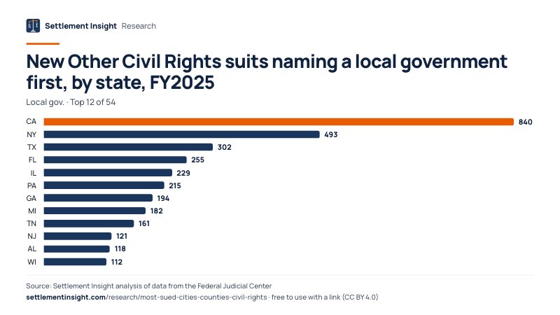 Bar chart: New Other Civil Rights suits naming a local government first, by state, FY2025 (Local gov.). CA: 840; NY: 493; TX: 302. Source: Settlement Insight.